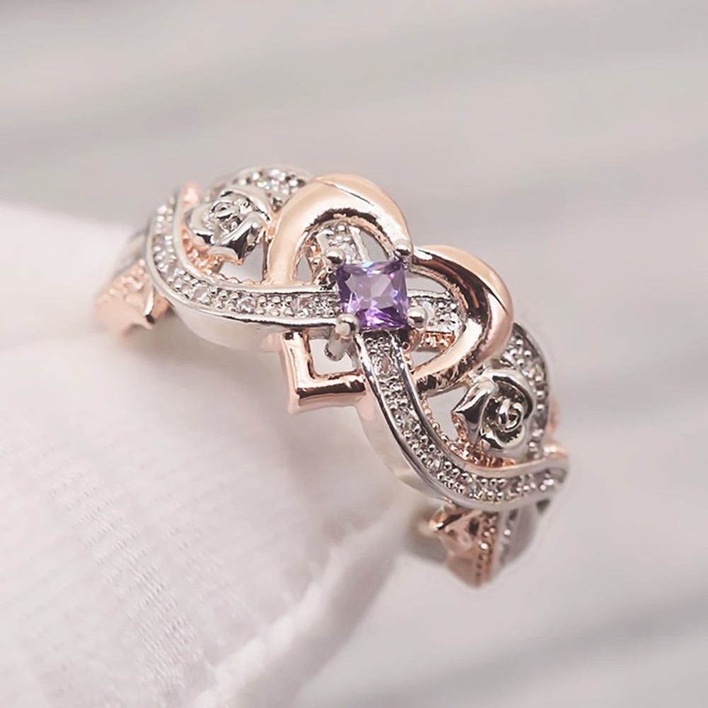 New Two Tone 925 Silver Hearts Shaped Crystal Ring - Picture 3 of 6